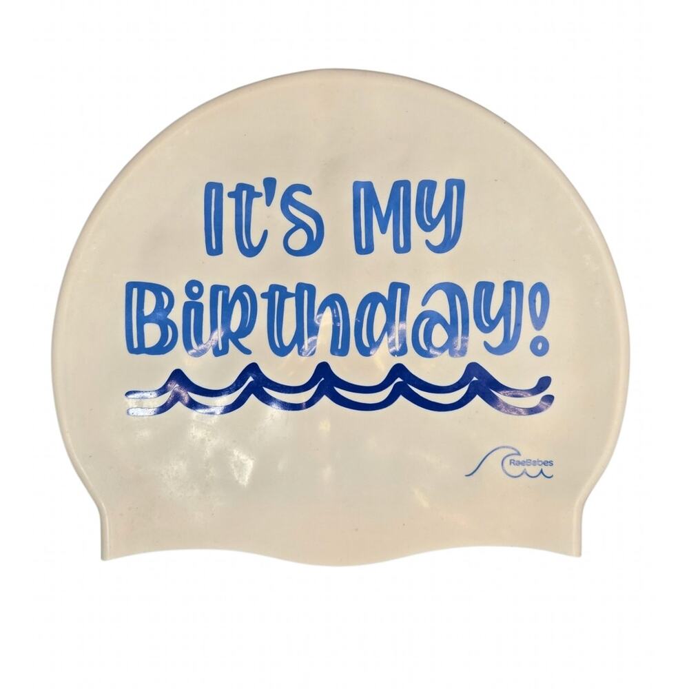 RaeBaes It’s My Birthday Swim Cap White Blue Silicone Swimming Cap